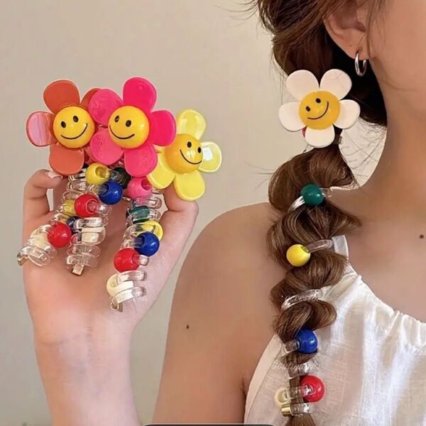 4個入り エレガントでキュートなプラスチック製スマイルフラワー電話コードヘアタイ 髪飾り ヘアアクセサリー