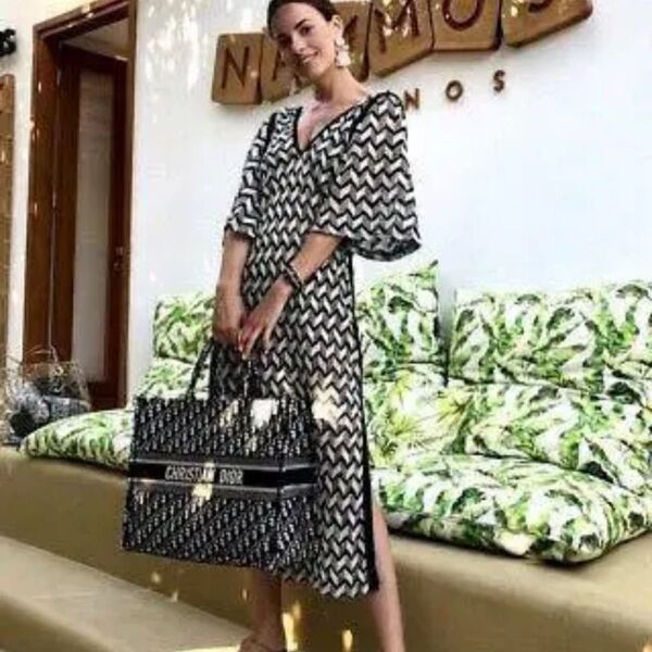 ZARA ニットワンピース 幾何学模様 モノトーン ロング丈 L