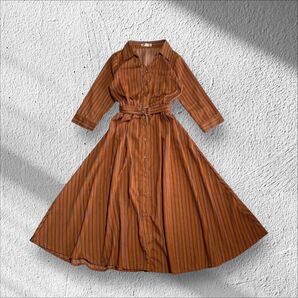 ストライプ柄シャツワンピース ブラウン ベルト付き