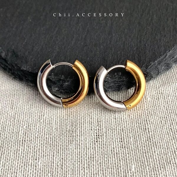 バイカラー シンプル フープピアス ゴールド シルバー 4mm ツートンカラー キャッチレス 太め