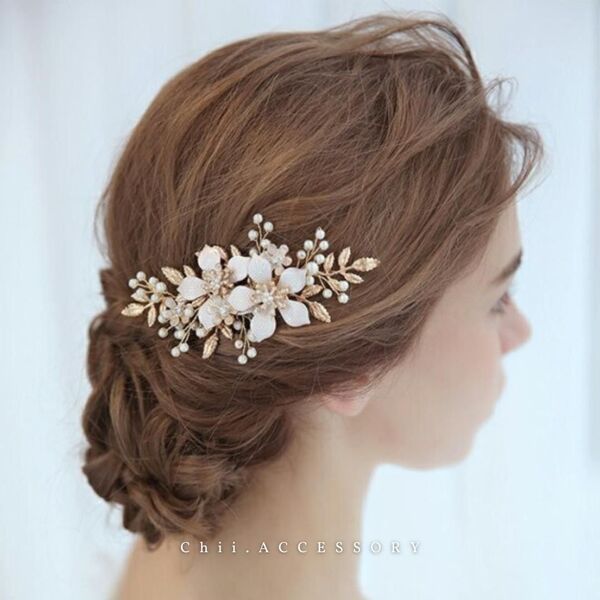 ヘアアクセサリー 髪飾り ヘッドドレス 花 ピンクゴールド ブライダル ウェディング 結婚式 フォーマル レディース 和装