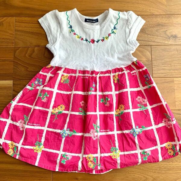 ムージョンジョン moujonjon 半袖 ワンピース 90cm ピンク 花柄 刺繍 女の子薄手 ドッキング 新品未使用
