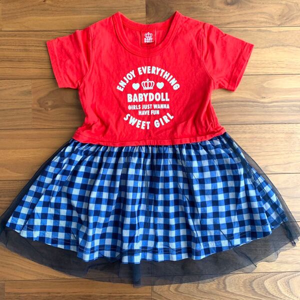 BABYDOLL ベビードール 切り替え ワンピース 100cm レッド チェック チュールスカート ドッキング 女の子