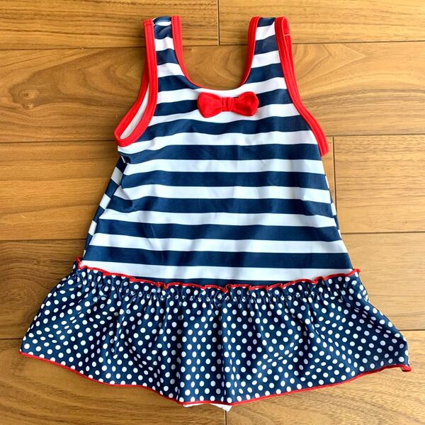 ベビー キッズ 水着 ワンピース 95cm 100cm 水玉 ストライプ ボーダー 女の子 マリン柄 ノースリーブ タンクトップ