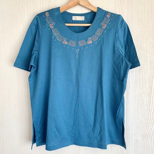 Tシャツ 半袖 カットソー ラインストーン 刺繍 ゾウ 像 アジアン エスニック ブルー レディース 新品未使用