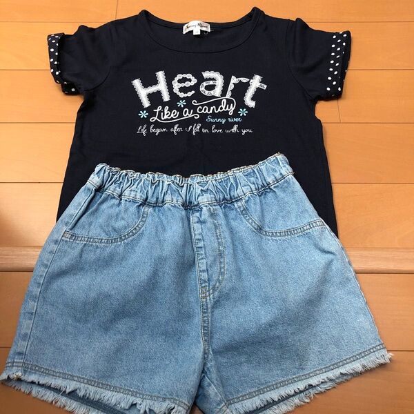 150cm Tシャツ&デニムショートパンツセット 女の子