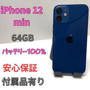 【良品】iPhone 12 mini 64GB ブルーバッテリ-100% SIMフリー