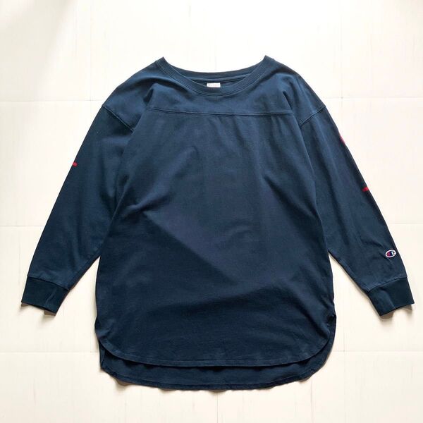 【美品】Champion チャンピオン ロングスリーブフットボールTシャツ ネイビー L 長袖 ロンT 男女共用 アメカジ