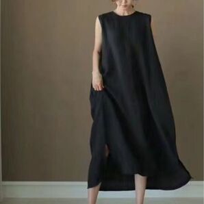 【フリーサイズ】ブラック 綿麻生地 ロングマキシ ノースリーブ シャツ