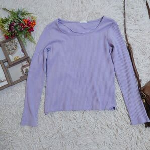 GU ジーユー カットソー シャツ(M)藤色/ダッチネック/リブ編み