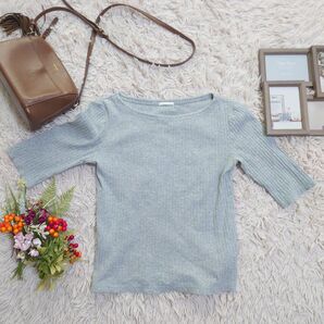 GU ジーユー カットソー(L)グレー/5分袖/ストレッチ素材混合/リブボートネック
