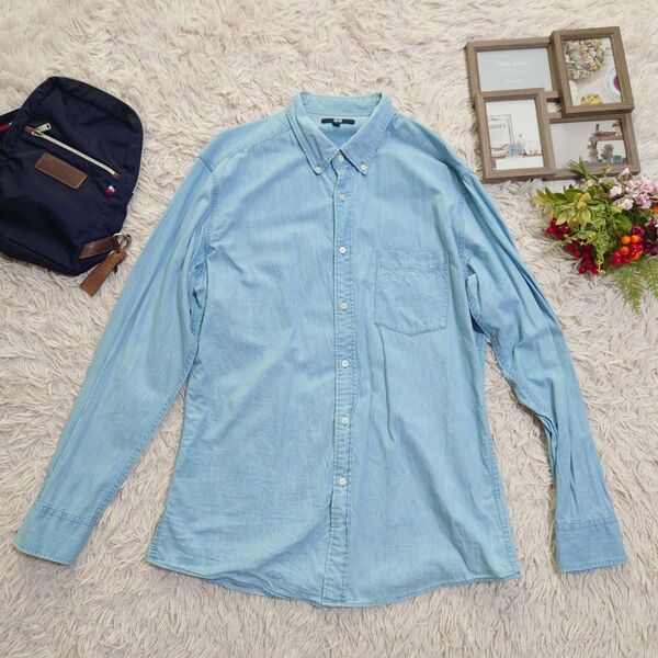 UNIQLO ユニクロ デニムシャツ(XL)ベイビーブルー/綿100%/ボタンダウン/