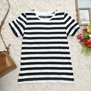 MUJI 無印良品 Tシャツ カットソー(L)白/黒/ボーダー/綿100%/丸首