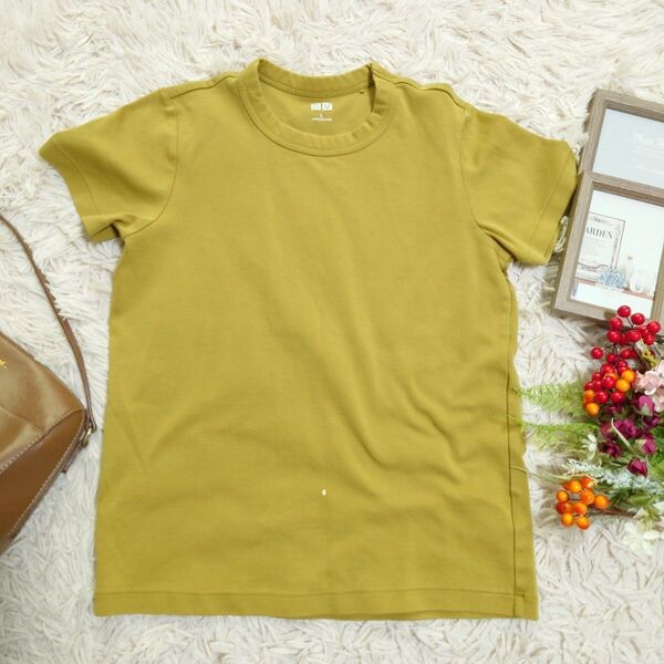 UNIQLO ユニクロ Tシャツ 半袖(L)黄色味のカーキー コットン 無地 クルーネック カットソー