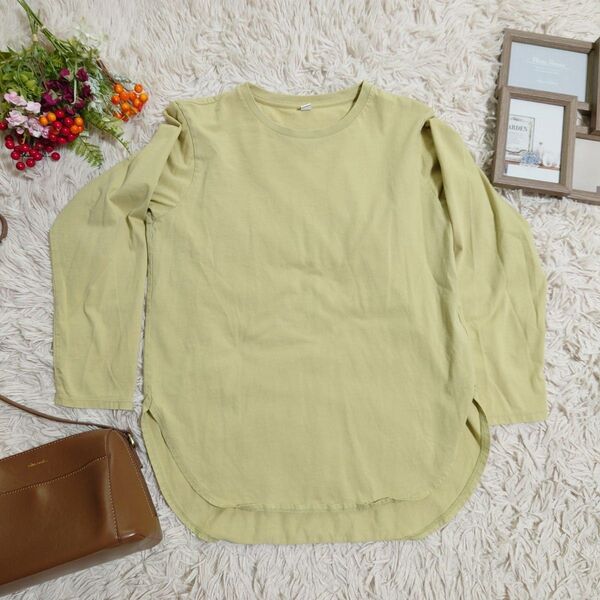 UNIQLO ユニクロ カットソー 長袖 (S)スプリンググリーン/黄緑系/綿100% クルーネック 無地