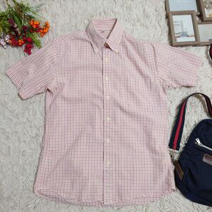 UNIQLO ユニクロ 半袖シャツ(S)ピンク系/タッターソールチェック/ボタンダウン/綿/ポリエステル