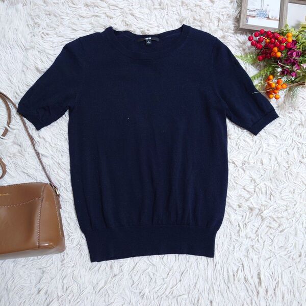 UNIQLO ユニクロ プレミアムウール 半袖 ニット(S)ネイビー/エクストラファインメリノウール