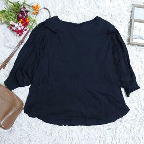 UNIQLO ユニクロ マーセライズ コットン シャーリング ボリュームスリーブ Tシャツ(L)黒 7分袖 オフィスカジュアル