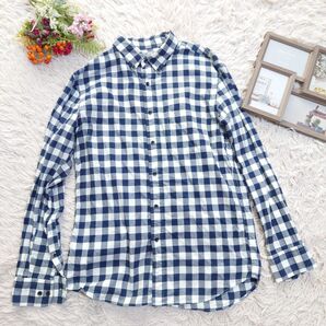 UNIQLO ユニクロ 長袖 シャツ(M)白/ネイビー/ギンガムチェック
