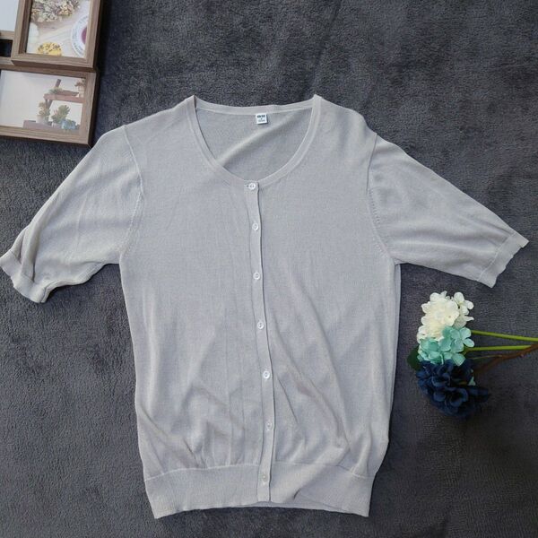 UNIQLO ユニクロ 薄手 ニットカーディガン(M)グレー/半袖/羽織