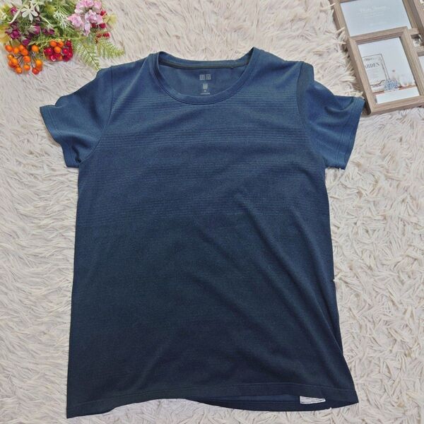 【美品】UNIQLO Tシャツ(M)ネイビー ドライ ボーダー メッシュ