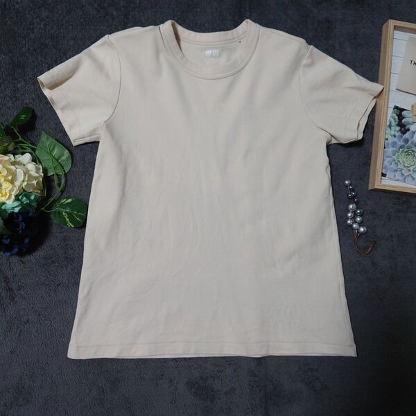 UNIQLO ユニクロ Tシャツ 半袖(L)ベージュ 無地 クルーネック