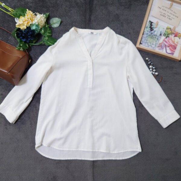 UNIQLO ユニクロ レーヨン スキッパー ブラウス(S)白 7分袖 フィッシュテール 体型カバー