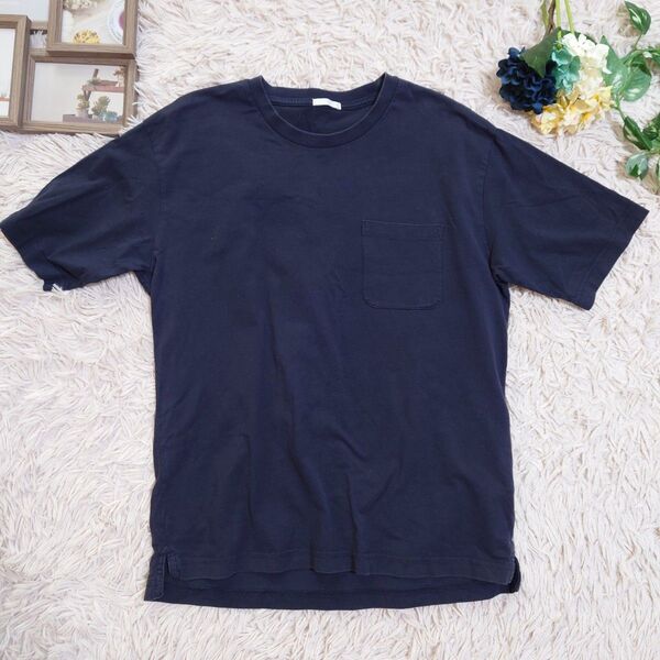 GU ジーユー Tシャツ 半袖(M)ネイビー コットン100 クールネック シンプル カジュアル オフィスカジュアル