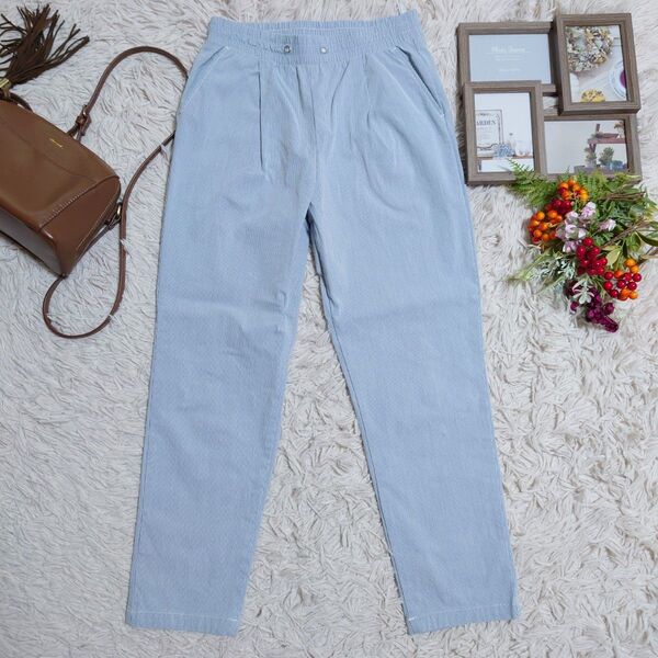 Calch.l パンツ ズボン(M)白 ブルー ストライプ ストレッチ素材混合