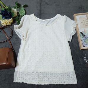 GLACIER ハニーズ 半袖 異素材カットソー(M)白 綿レース シフォン ビジュー フリル 大人上品 シンプル Tシャツ
