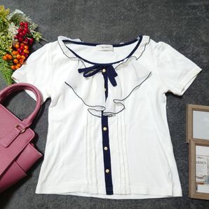 FLAGS 半袖 Tシャツ カットソー(M)白 ダークネイビー バイカラー パールボタン フリル シフォン 大人上品 可愛い