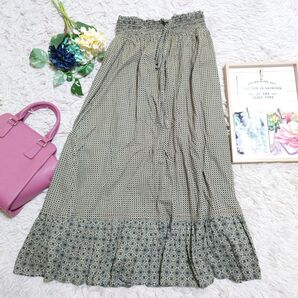 【美品】ユニクロ UNIQLO ロングスカート(M)黒 茶色 バイカラー 七宝繋ぎ 大人上品 ナチュラル