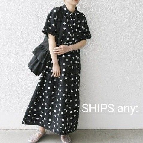 SHIPS any:〈洗濯機可能〉ドット シャツ カラー 半袖 ワンピース 黒