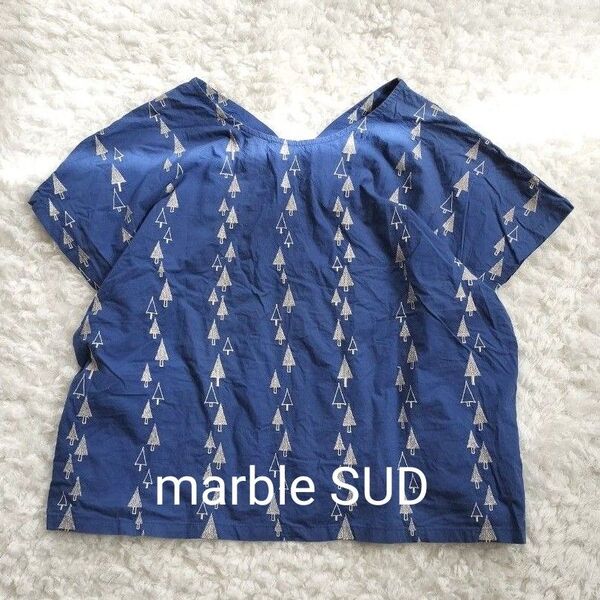 marble SUD マーブルシュッド 木 刺繍 総柄 カットソー ブルー 2wayでも