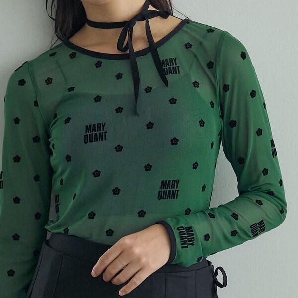 MARY QUANT × PUBLUX / マリークワント フロッキープリント ロゴ シアー リボン付き トップス 限定展開