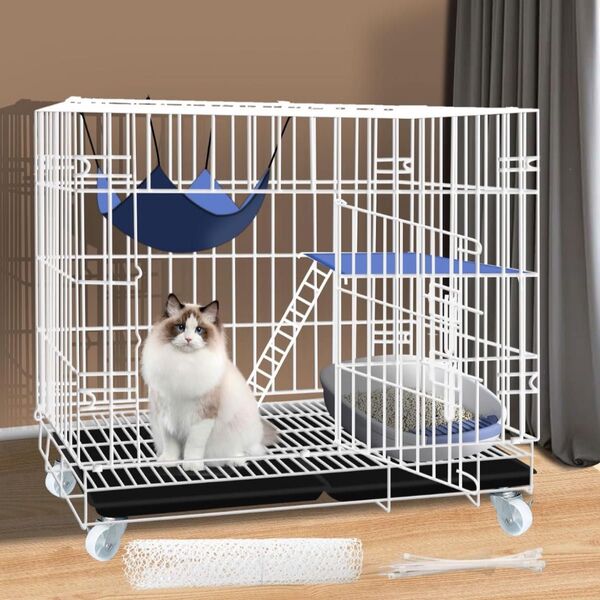 猫 ケージ 猫用ケージ 猫ハウス キャットケージ 1段 白 結束バンド足マット付 組立簡単 コンパクト 収納