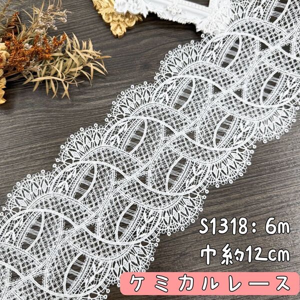 S1318【6m】幅広い繊細な刺繍ケミカルレース 飾りレースリボン 白系