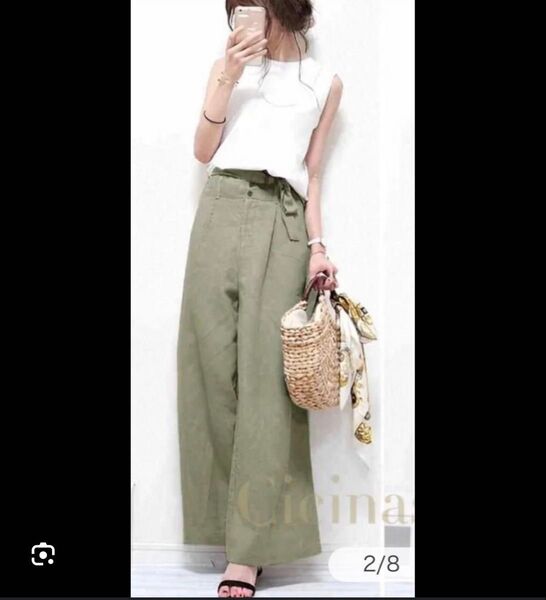 爽やかSーLノースリーブ ラウンドネックトップス+ハイウエスト 無地 パンツ 2点セット セットアップ