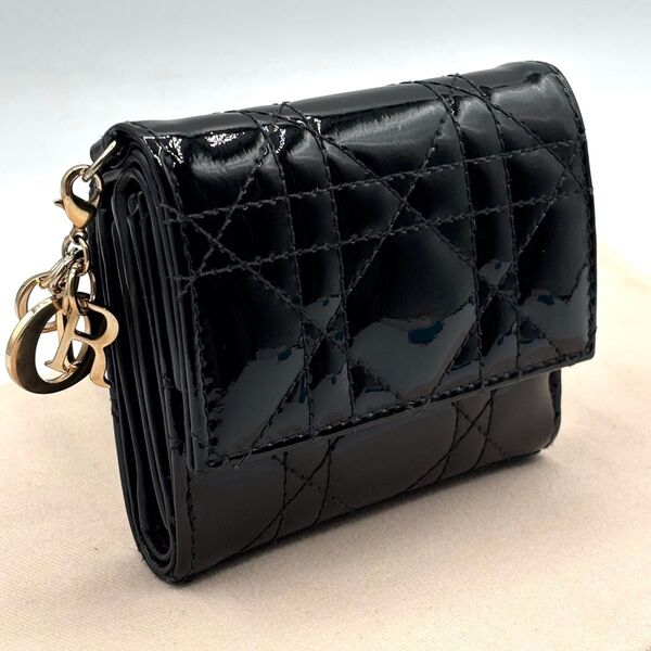 美品 ディオール 三つ折り財布 ロータス ブラック カナージュ ウォレット 黒
