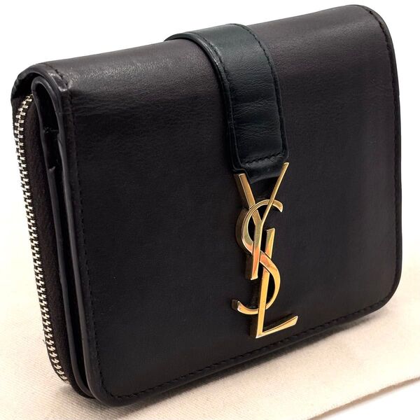 現行 イヴサンローラン 二つ折り財布 カサンドラ YSL ロゴ 黒 茶 レザー
