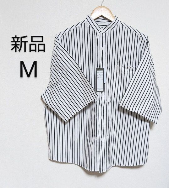 【新品】BENO バンドカラー半袖シャツ ビッグシルエット ブロード素材 ストライプ Mサイズ