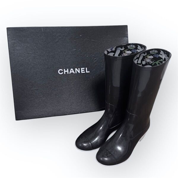 CHANEL レインブーツ 長靴 ブーツ 36 ブラック シンプル シャネル 靴 ラバー ロング 黒