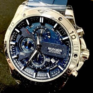 新品 HONMIN オマージュクロノグラフウォッチ ラバーストラップ メンズ腕時計 ブルー 8002