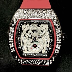 新品 PINTIME トノー オマージュウォッチ ラバーストラップ メンズ腕時計 レッド