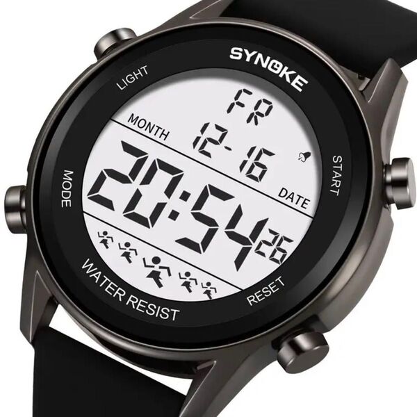 新品 SYNOKEスポーツデジタル 防水 デジタルストップウォッチ メンズ腕時計 9825 ブラック