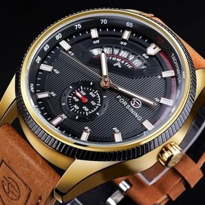 新品 FORSINING 自動巻機械式腕時計 メンズウォッチ ゴールド レザーベルト デイト