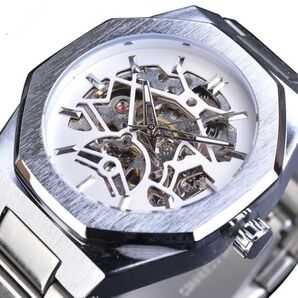 新品 自動巻機械式腕時計 オクタゴンメンズウォッチ ステンレスベルト ホワイトシルバー