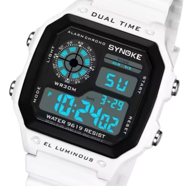 新品 SYNOKEスポーツデジタル 防水 デジタルストップウォッチ メンズ腕時計 スクエア ホワイト