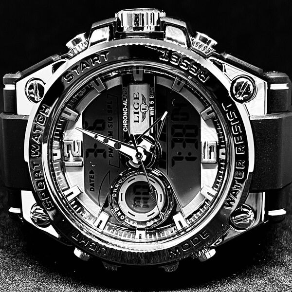 新品 LIGE スポーツデュアルウォッチ 50m防水腕時計 メンズ腕時計 シルバー&ブラック
