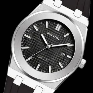 新品 PINTIME ラウンドオマージュウォッチ ラバーストラップ メンズ腕時計 ブラック&シルバー